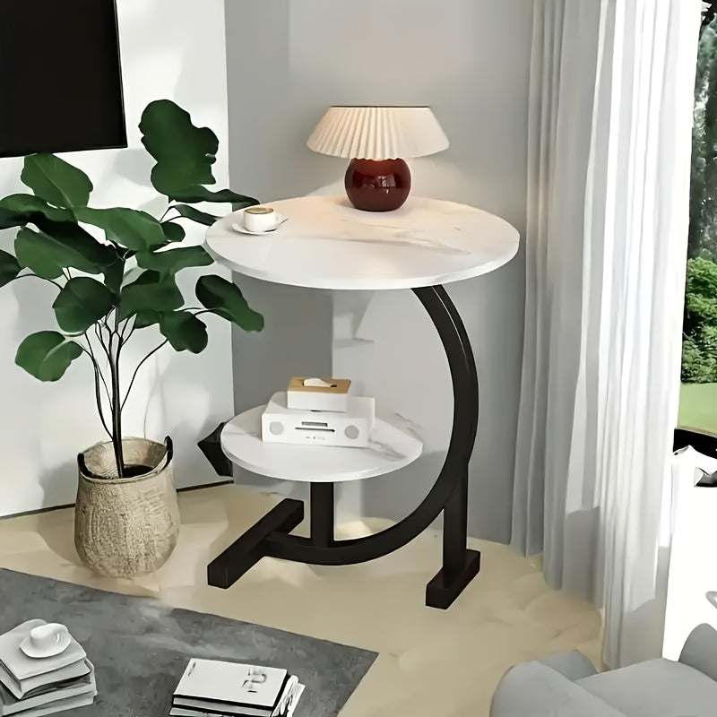C-Shaped Metal Frame Small Coffee Table with Storage Shelf, Light Luxury Minimalist Nordic Style Side Table by Sofa, Bedside Side Cabinet
