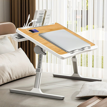 Adjustable Height Foldable Laptop Bed Table with USB Charging Port, Ergonomic Bedside Desk with Handle, Desktop Card Slot & Side Drawer
