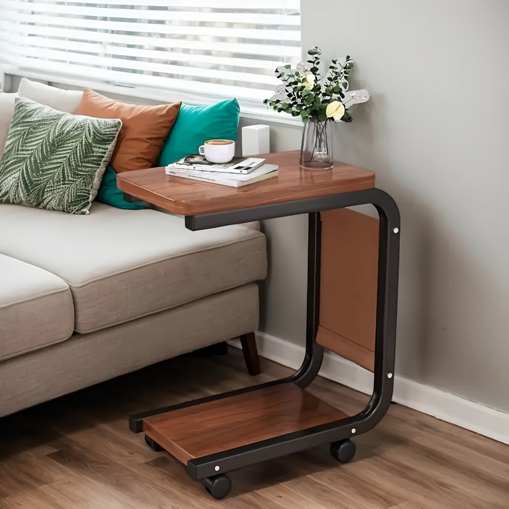 Modern Rolling Coffee Table with Pull-Out Storage - Retro Style Hardwood Top & Black Metal Frame, 4 Caster Wheels, Compact Space-Saving Design Under 27\