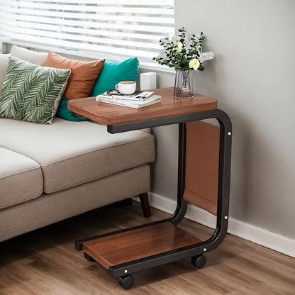 Modern Rolling Coffee Table with Pull-Out Storage - Retro Style Hardwood Top & Black Metal Frame, 4 Caster Wheels, Compact Space-Saving Design Under 27\