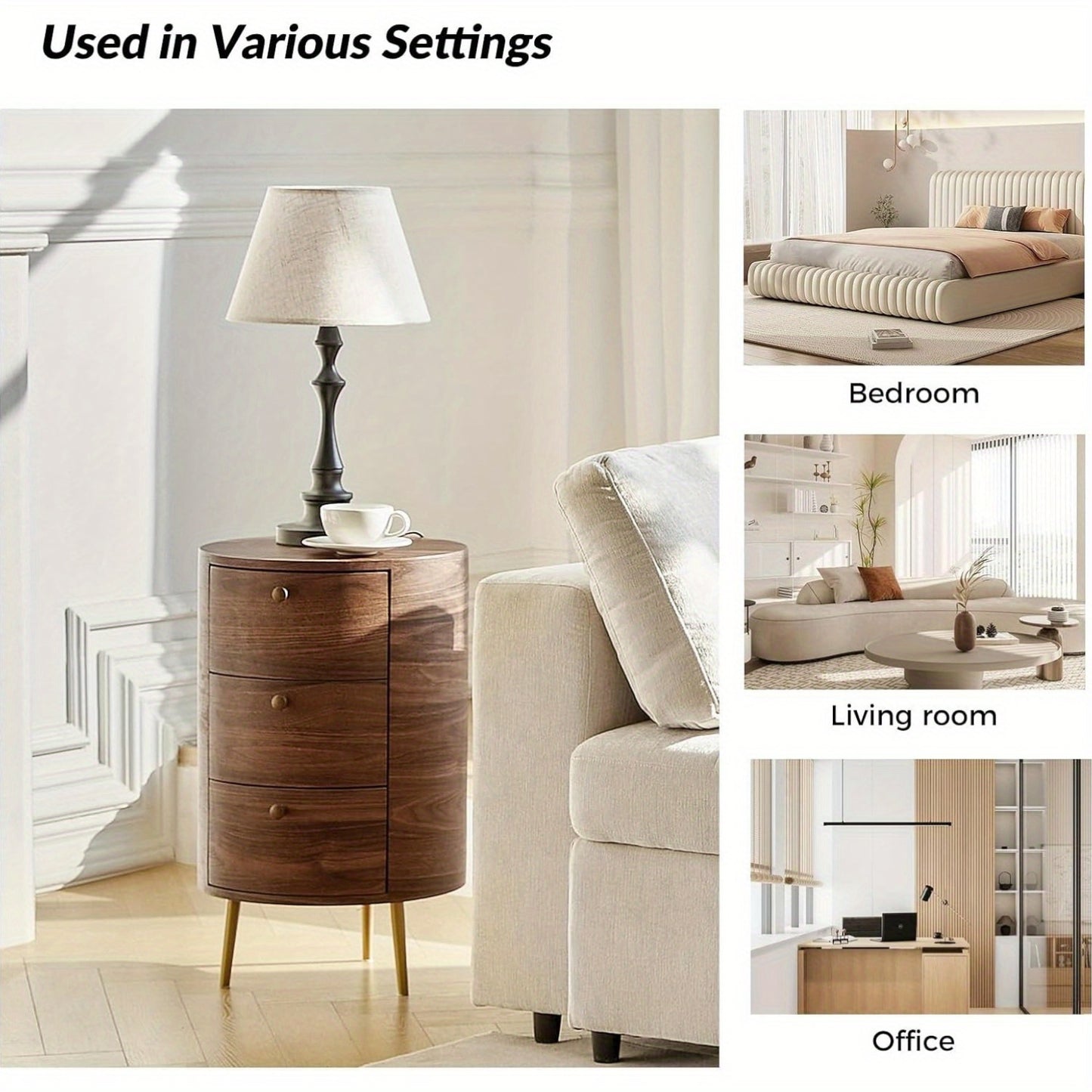 Round End Table with 3 Storage Drawers, Mid Century Modern Sofa Side Table with Metal Legs, Farmhouse Wood Small Side Table for Living Room,