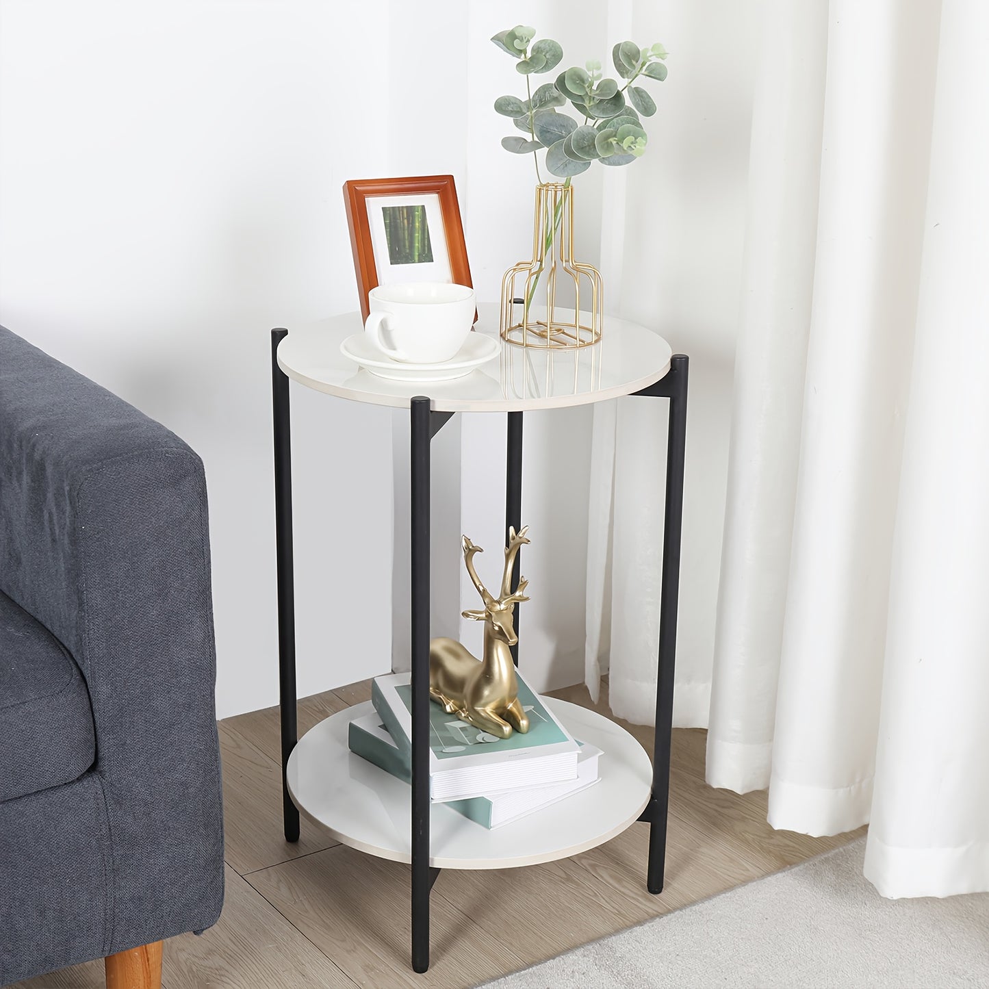 AESOME Modern Round End Table with Sintered Stone Top & Golden Metal Frame - 2-Tier Heavy-Duty Accent Side Table, Marble-Like Surface,
