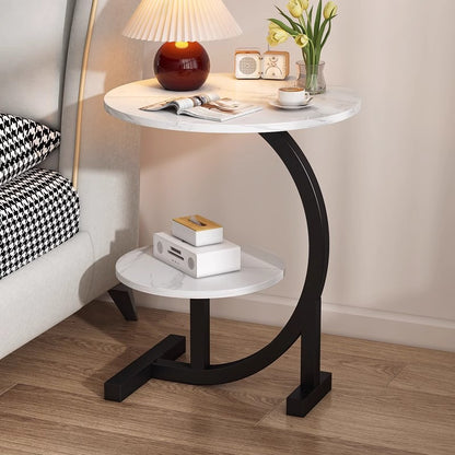 Simple Luxury Solid Wood Circular Coffee Table - Modern Double-Layer Sofa Side Cabinet, Creative Lightweight Luxury Side Table,