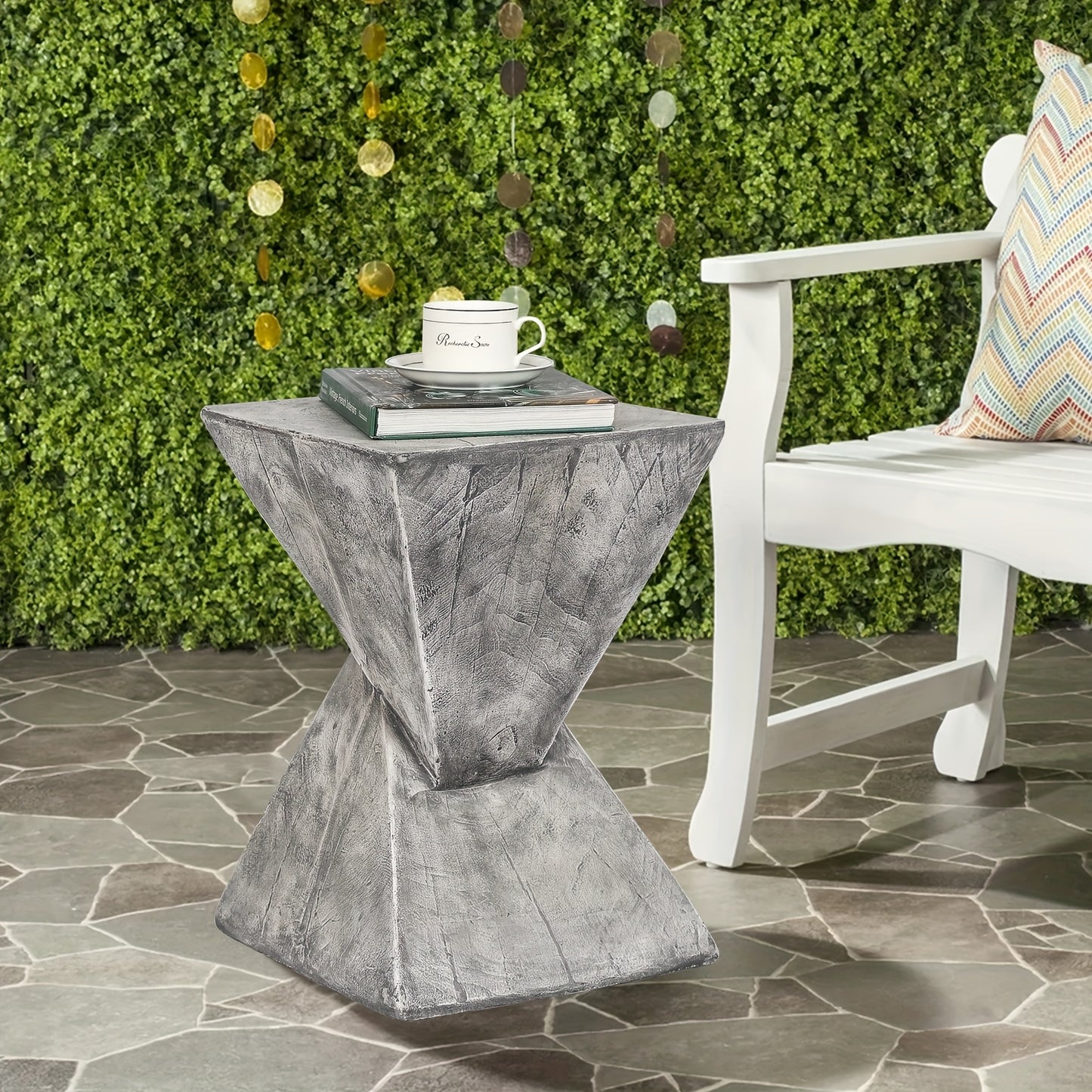 Light-Weight Concrete Accent End Table, Modern Timer Outdoor Side Table for Living Room Backyard