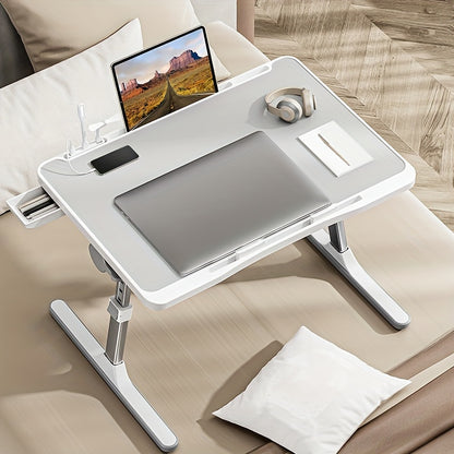 Adjustable Height Foldable Laptop Bed Table with USB Charging Port, Ergonomic Bedside Desk with Handle, Desktop Card Slot & Side Drawer