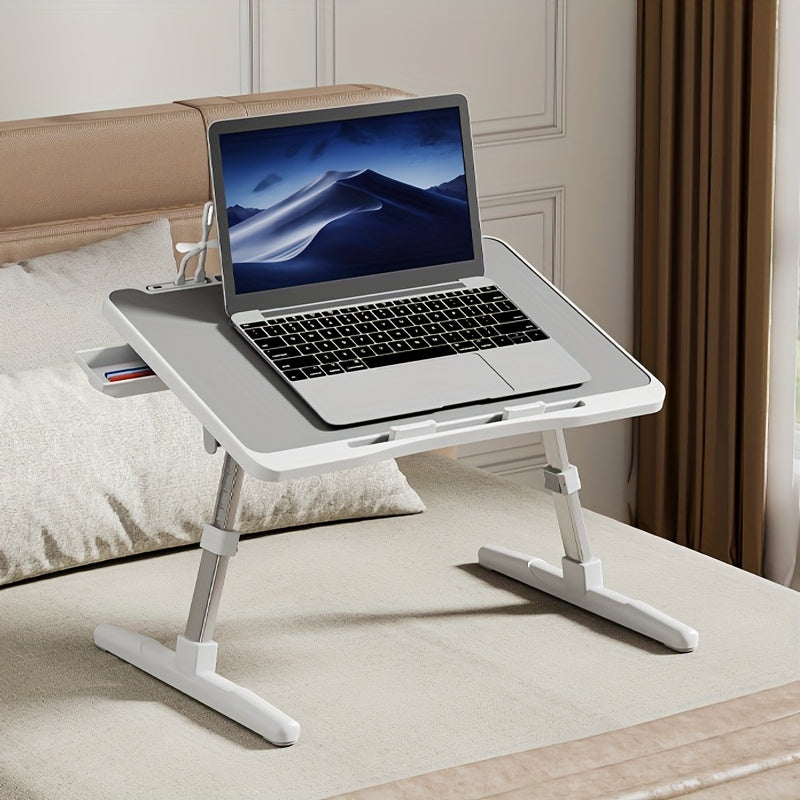Adjustable Height Foldable Laptop Bed Table with USB Charging Port, Ergonomic Bedside Desk with Handle, Desktop Card Slot & Side Drawer