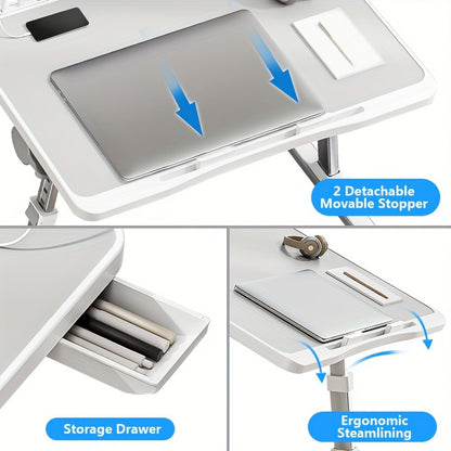 Adjustable Height Foldable Laptop Bed Table with USB Charging Port, Ergonomic Bedside Desk with Handle, Desktop Card Slot & Side Drawer