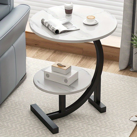 Simple Luxury Solid Wood Circular Coffee Table - Modern Double-Layer Sofa Side Cabinet, Creative Lightweight Luxury Side Table,