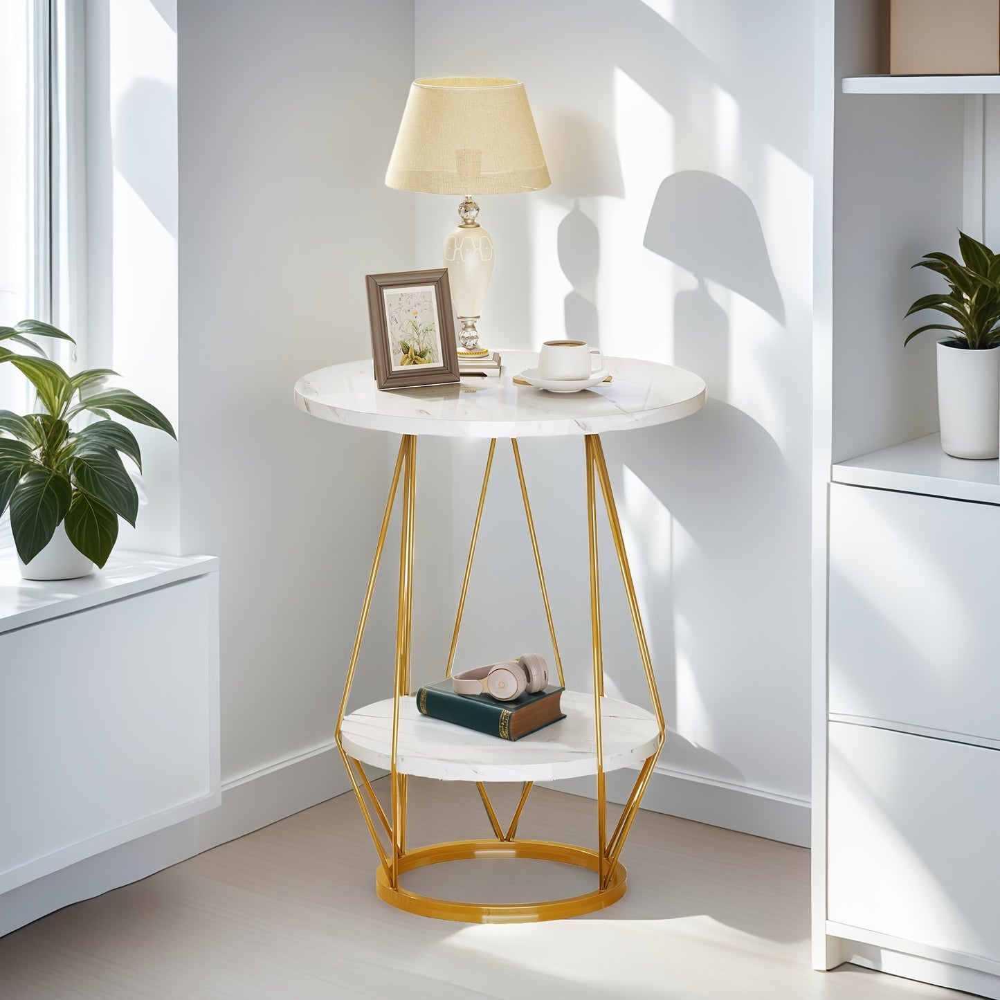 Sablyme 2-Tier Faux Marble Side Table with Storage, Round End Table for Living Room, Bedroom & Office, White & Golden Finish