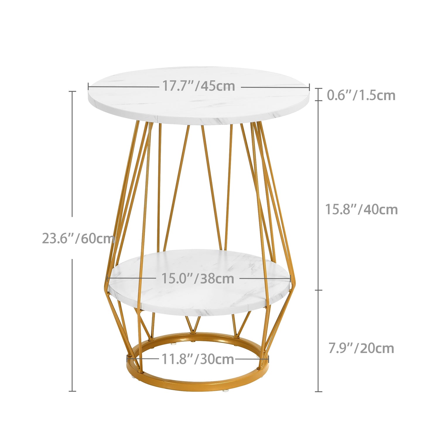 Sablyme 2-Tier Faux Marble Side Table with Storage, Round End Table for Living Room, Bedroom & Office, White & Golden Finish