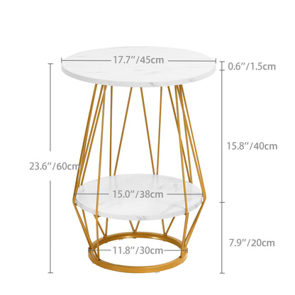 Sablyme 2-Tier Faux Marble Side Table with Storage, Round End Table for Living Room, Bedroom & Office, White & Golden Finish