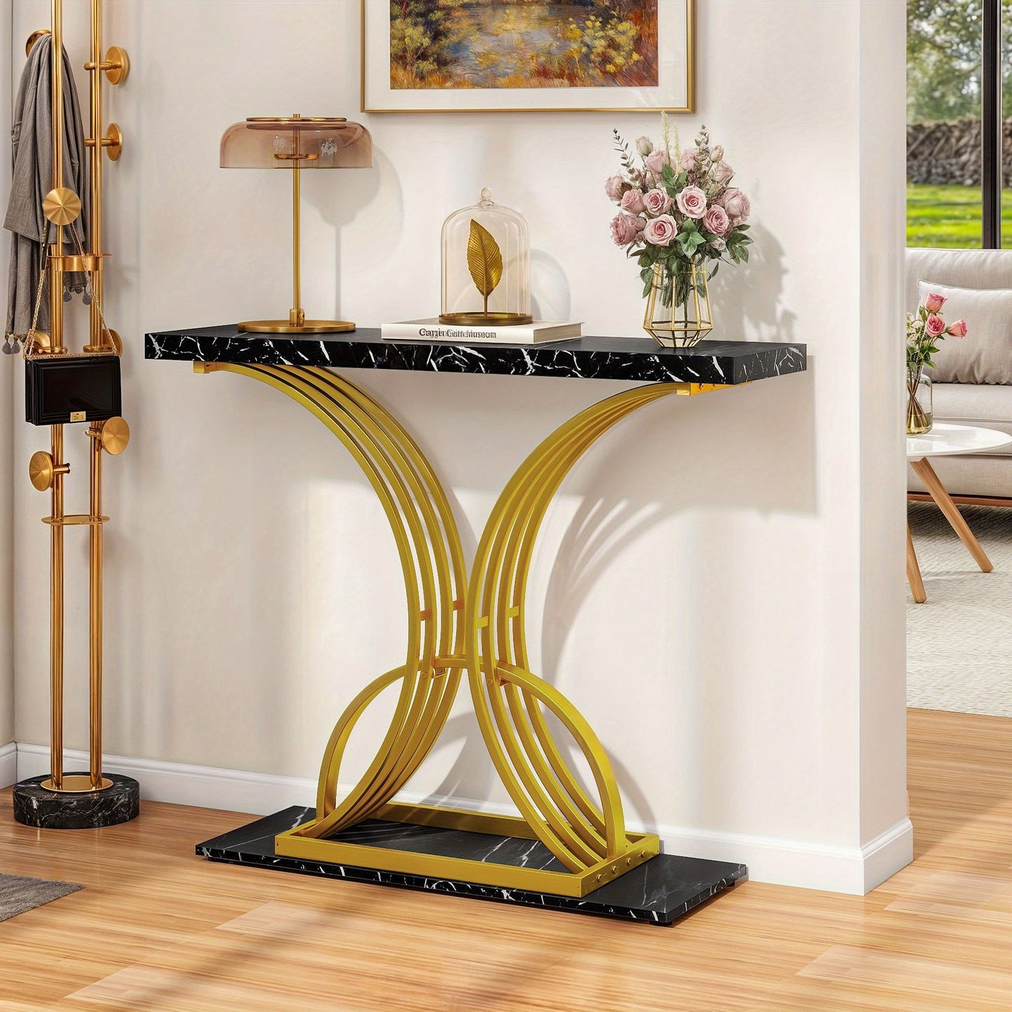 Roadrix Luxurious Golden Console Table, 40-Inch Modern Entryway Narrow Sofa Table, Faux Marble White\u002FBlack Top, Stylish Hallway Accent Table For Living Room,