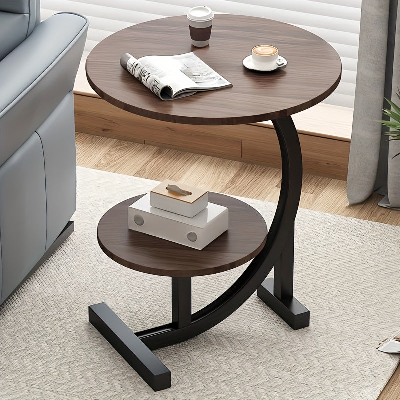 Simple Luxury Solid Wood Circular Coffee Table - Modern Double-Layer Sofa Side Cabinet, Creative Lightweight Luxury Side Table,