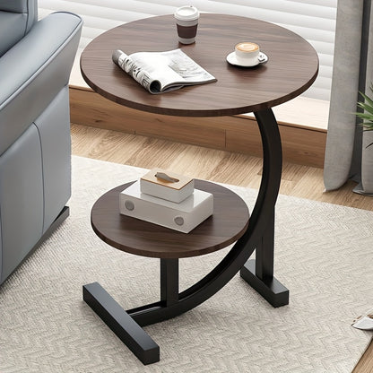 Simple Luxury Solid Wood Circular Coffee Table - Modern Double-Layer Sofa Side Cabinet, Creative Lightweight Luxury Side Table,