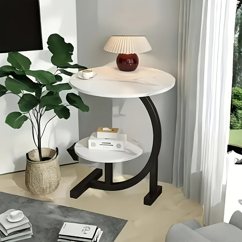Space-Saving C-Shaped Side Table with Heavy-Duty Metal Brackets - Nordic Modern Corner Accent table, Compact Two-Tier Storage, Easy Assembly for Living Room,