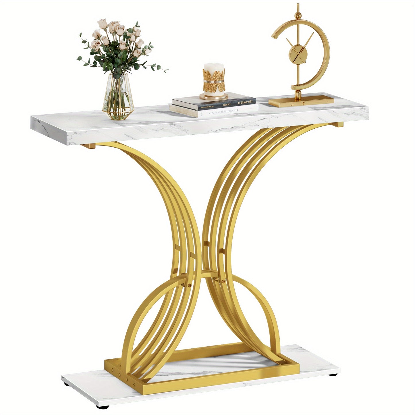 Roadrix Luxurious Golden Console Table, 40-Inch Modern Entryway Narrow Sofa Table, Faux Marble White\u002FBlack Top, Stylish Hallway Accent Table For Living Room,