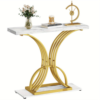 Roadrix Luxurious Golden Console Table, 40-Inch Modern Entryway Narrow Sofa Table, Faux Marble White\u002FBlack Top, Stylish Hallway Accent Table For Living Room,