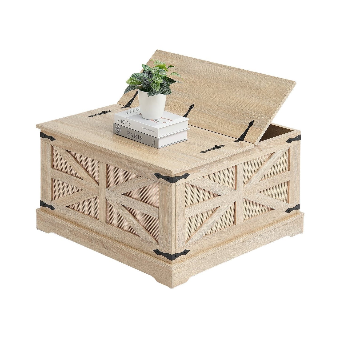 VEVOR Rattan Coffee Table, Rectangle 2-Tier PE Rattan Farmhouse End Table, 32-Inch Modern Boho Style Storage Mid Century Coffee Table with Retro Metal Hinges,