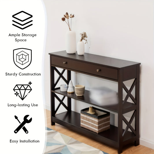 3-Tier Console Table X-Design Sofa Entryway Table with Drawer & Shelves