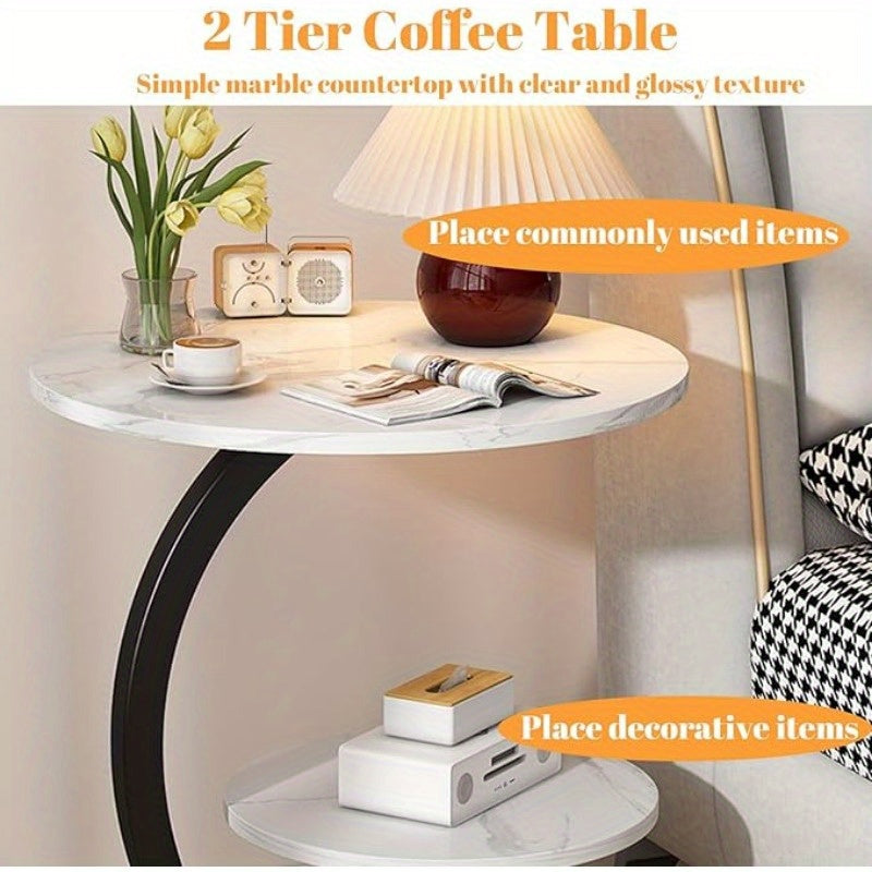 Modern 2-Tier Faux Marble Side Table with Storage Shelf, Small Round End Table for Living Room or Bedroom, Stylish Bedside and Decorative Table,