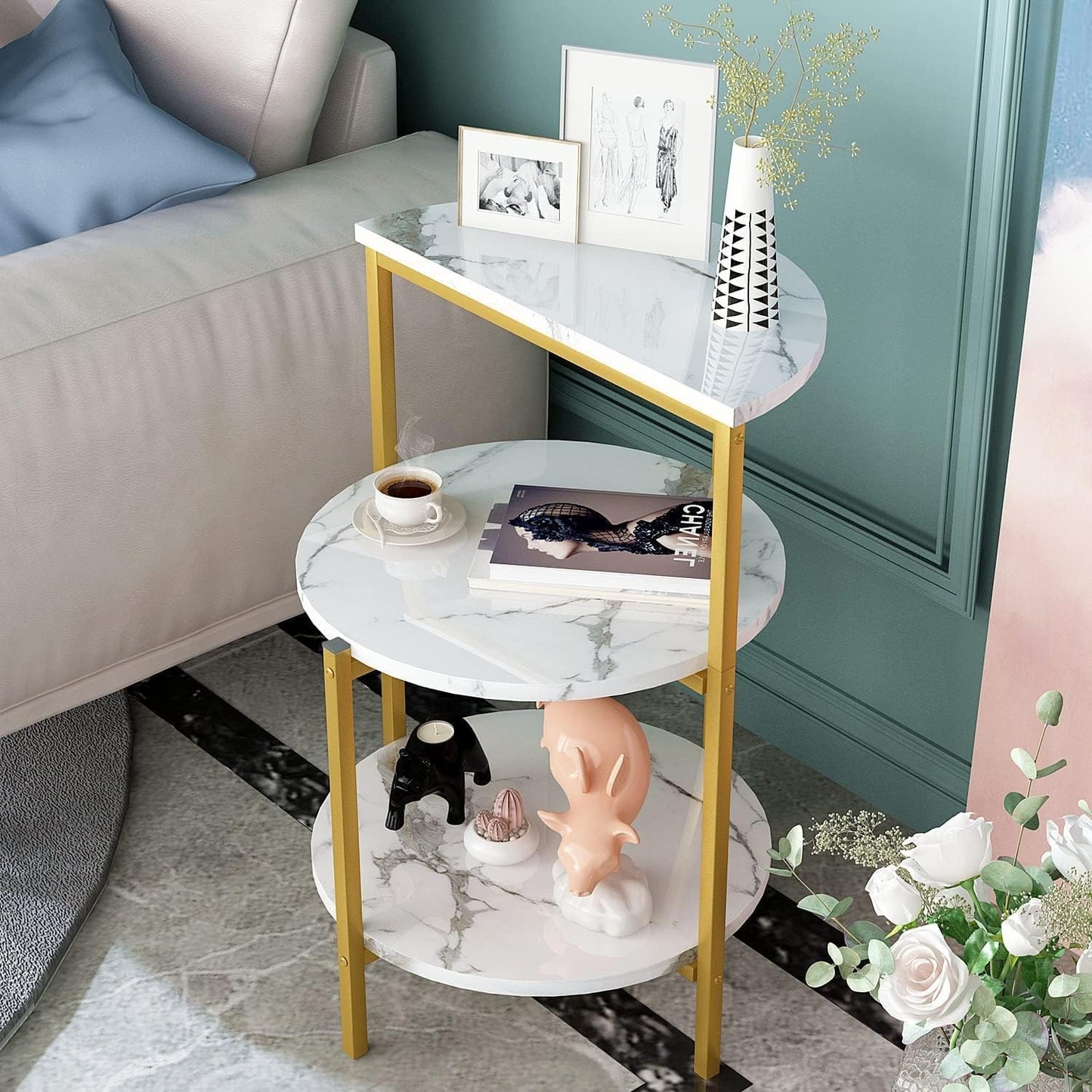 White and Gold End Side Table, 3-Tier Faux Marble Nightstand Storage Shelf with Golden Metal Frame, Round Coffee Table Bedside Table Nightstand for Living Rome,