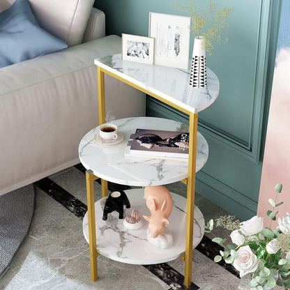 White and Gold End Side Table, 3-Tier Faux Marble Nightstand Storage Shelf with Golden Metal Frame, Round Coffee Table Bedside Table Nightstand for Living Rome,