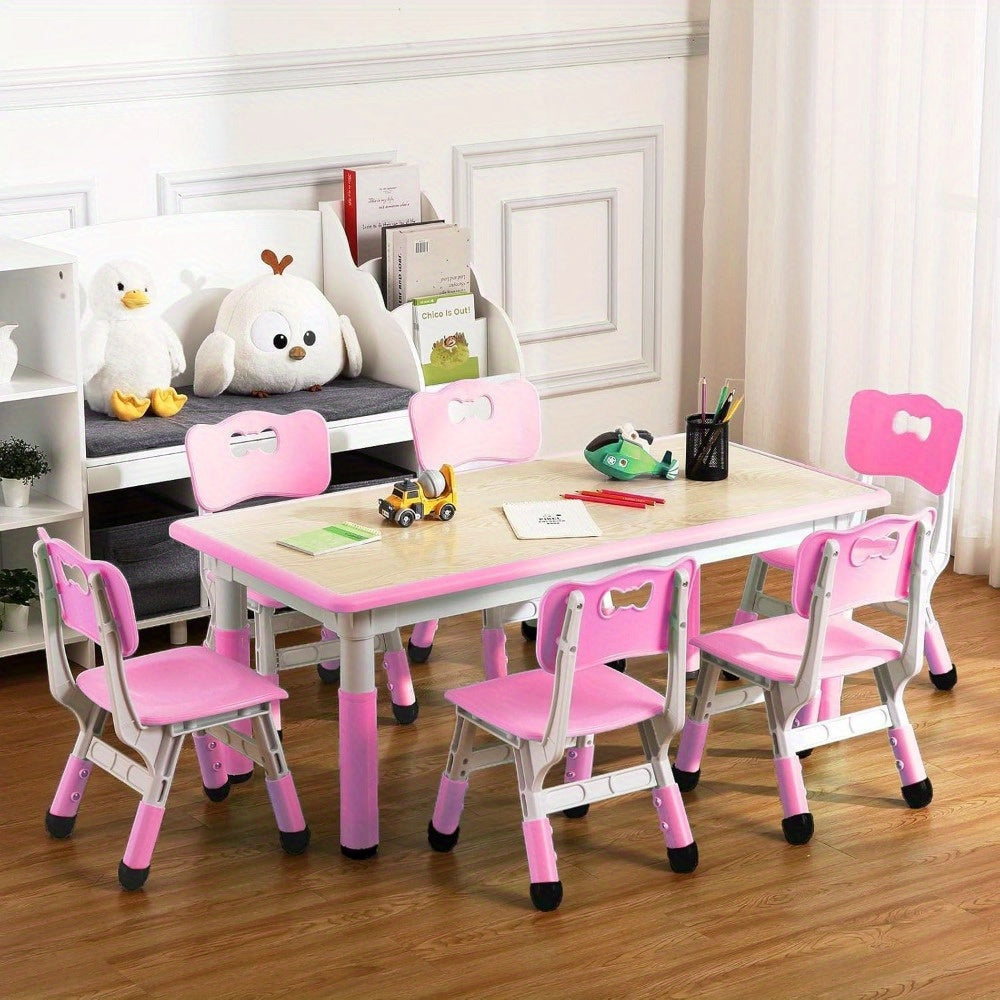7pcs Table and Chair Set, Height-adjustable Table with 6 Chairs for Multi-purpose Study Table with Non-slip Legs, Doodle Tabletop, Suitable for Home\u002F daycare Center