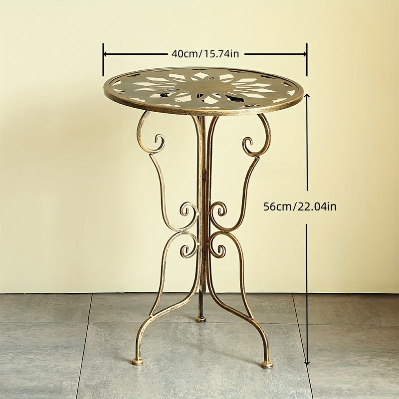 Vintage Metal Table Elegant 1pc Vintage Style Metal End Table | 40cm Diameter, Portable Round Side Table with Ornate Scrollwork Design - Ideal for Living Room,