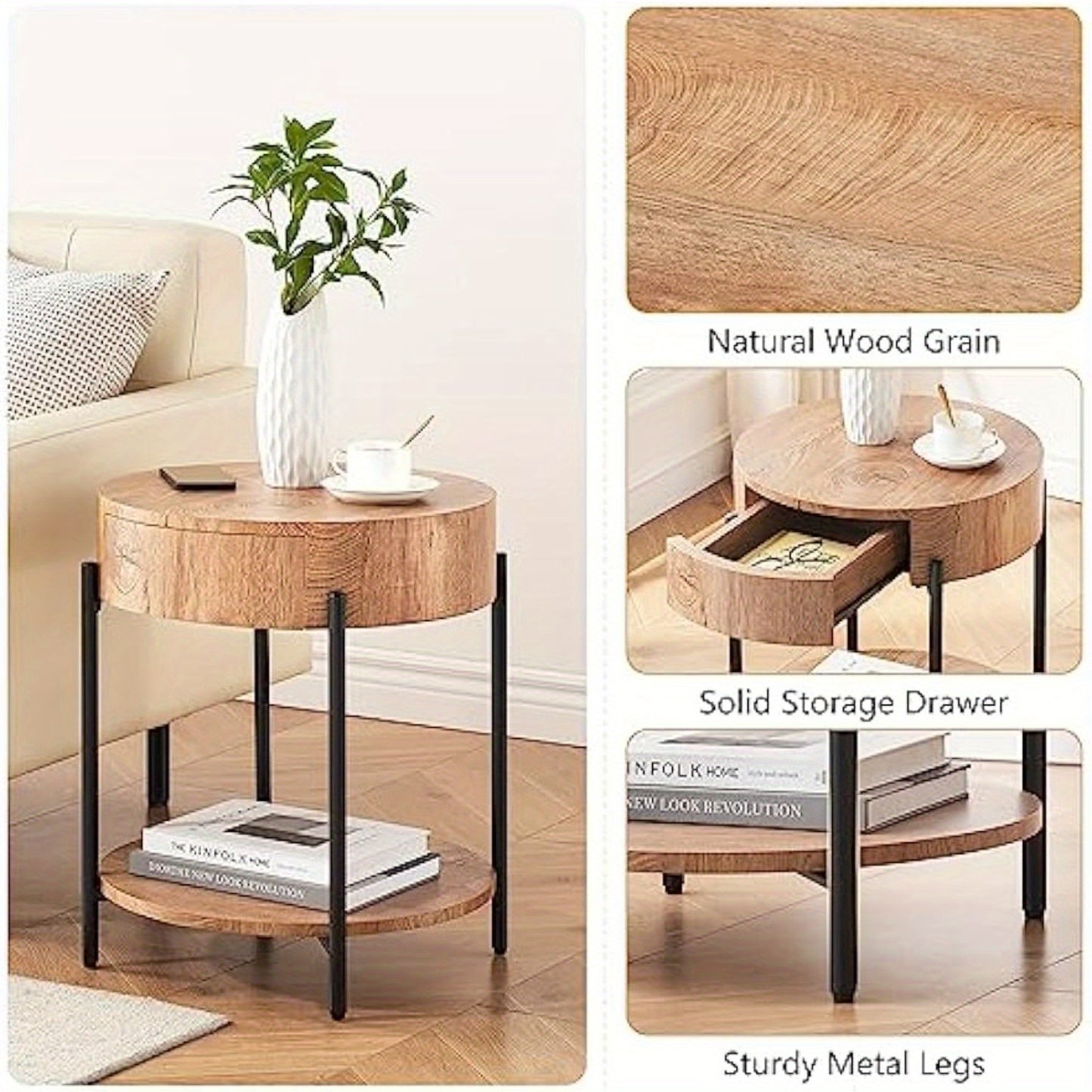 GarveeHome Round End Table with Drawer - Modern Farmhouse Accent Nightstand, Solid Hardwood & Metal Black Legs,