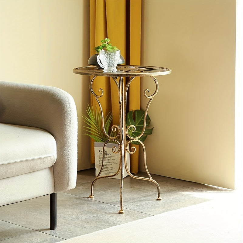 Vintage Metal Table Elegant 1pc Vintage Style Metal End Table | 40cm Diameter, Portable Round Side Table with Ornate Scrollwork Design - Ideal for Living Room,