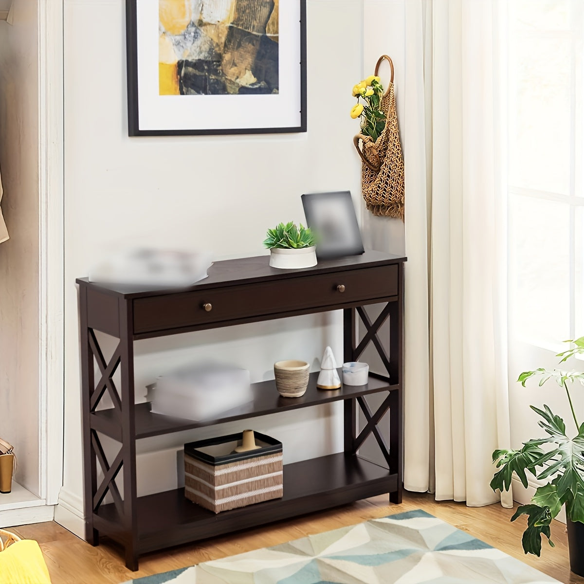 3-Tier Console Table X-Design Sofa Entryway Table with Drawer & Shelves