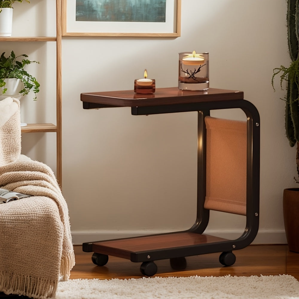 Modern Rolling Coffee Table with Pull-Out Storage - Retro Style Hardwood Top & Black Metal Frame, 4 Caster Wheels, Compact Space-Saving Design Under 27\