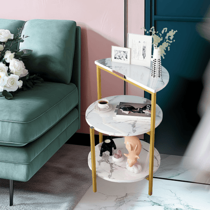 Modern End Table, 3-Tier Faux Marble Side Table for Living Room, Small Round Coffee Table with Gold Metal Frame, Bedside Tables Nightstand for Living Room, Bedroom,