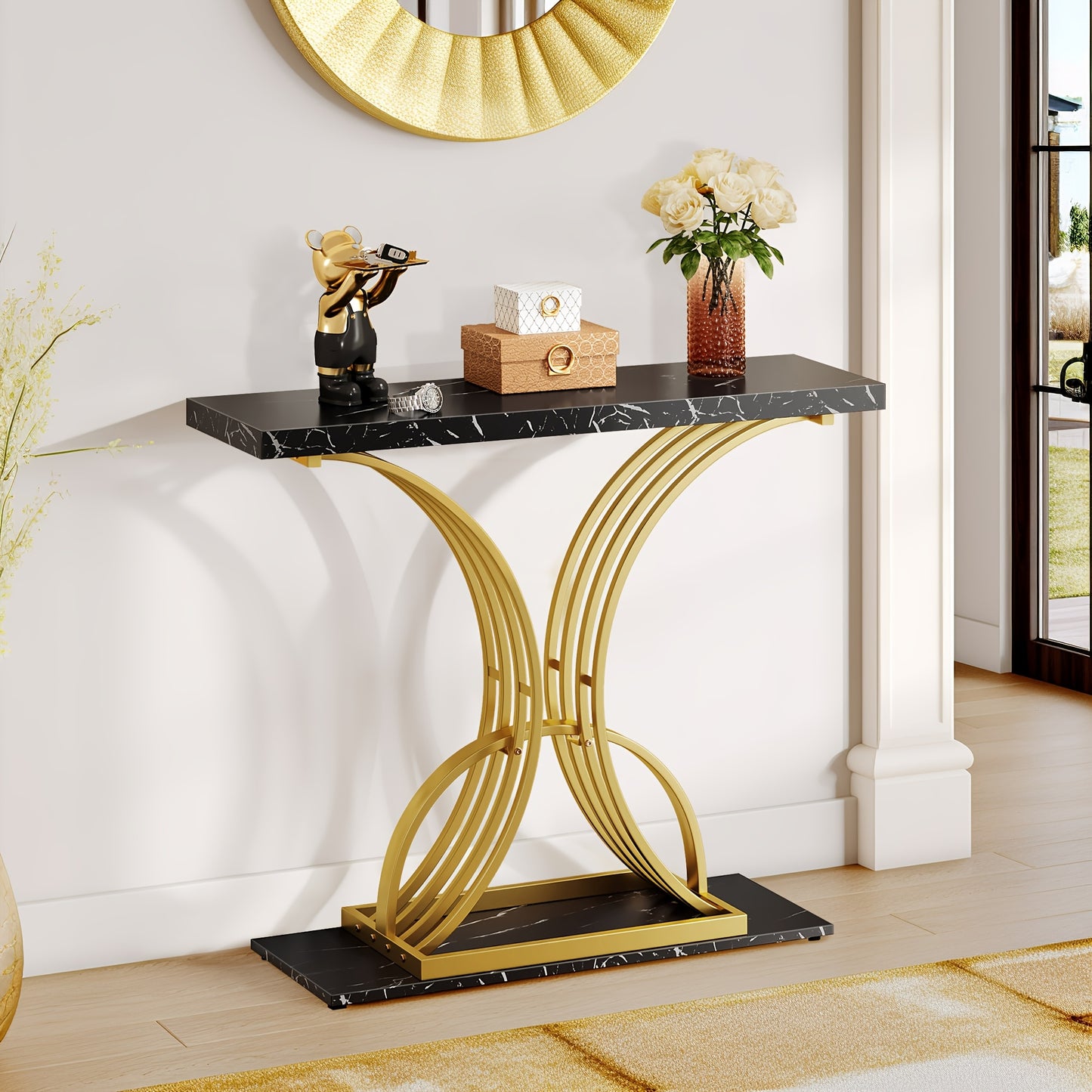 Roadrix Luxurious Golden Console Table, 40-Inch Modern Entryway Narrow Sofa Table, Faux Marble White\u002FBlack Top, Stylish Hallway Accent Table For Living Room,