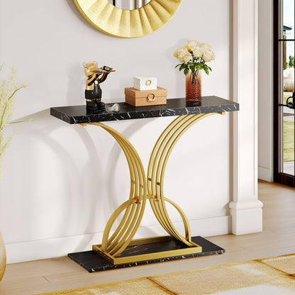 Roadrix Luxurious Golden Console Table, 40-Inch Modern Entryway Narrow Sofa Table, Faux Marble White\u002FBlack Top, Stylish Hallway Accent Table For Living Room,