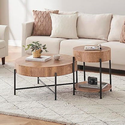 GarveeHome Round End Table with Drawer - Modern Farmhouse Accent Nightstand, Solid Hardwood & Metal Black Legs,