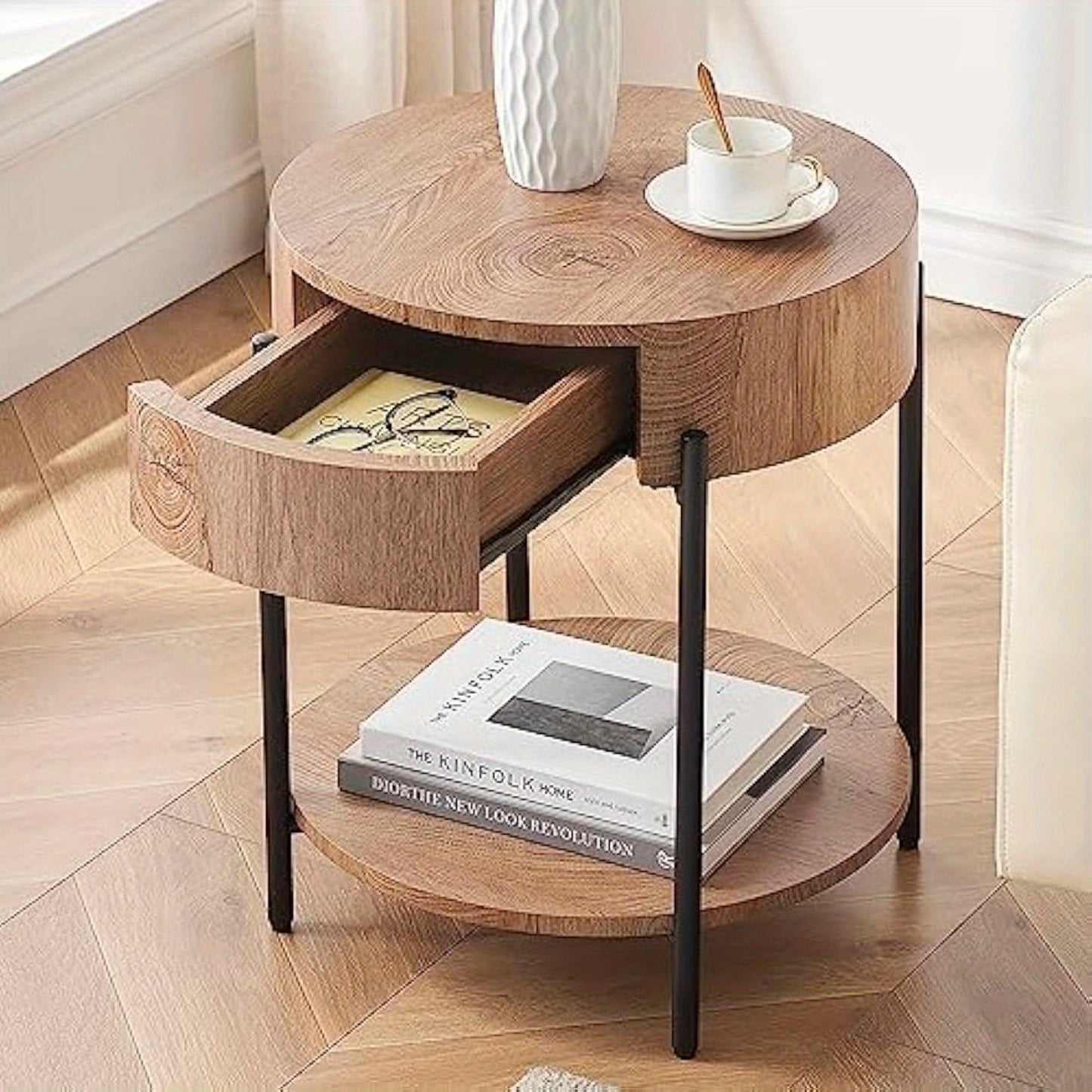GarveeHome Round End Table with Drawer - Modern Farmhouse Accent Nightstand, Solid Hardwood & Metal Black Legs,