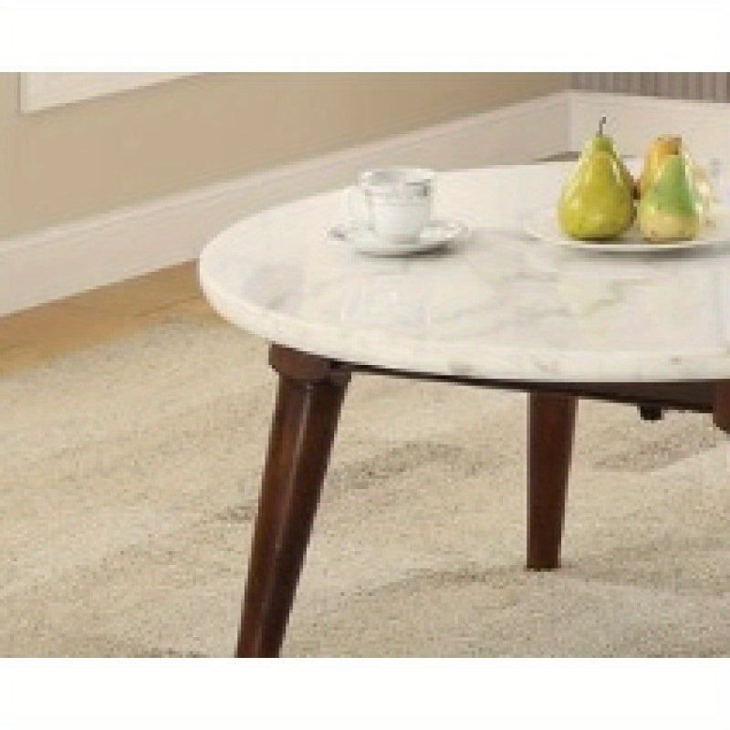 Gasha White Marble Top Walnut Finish Coffee Table