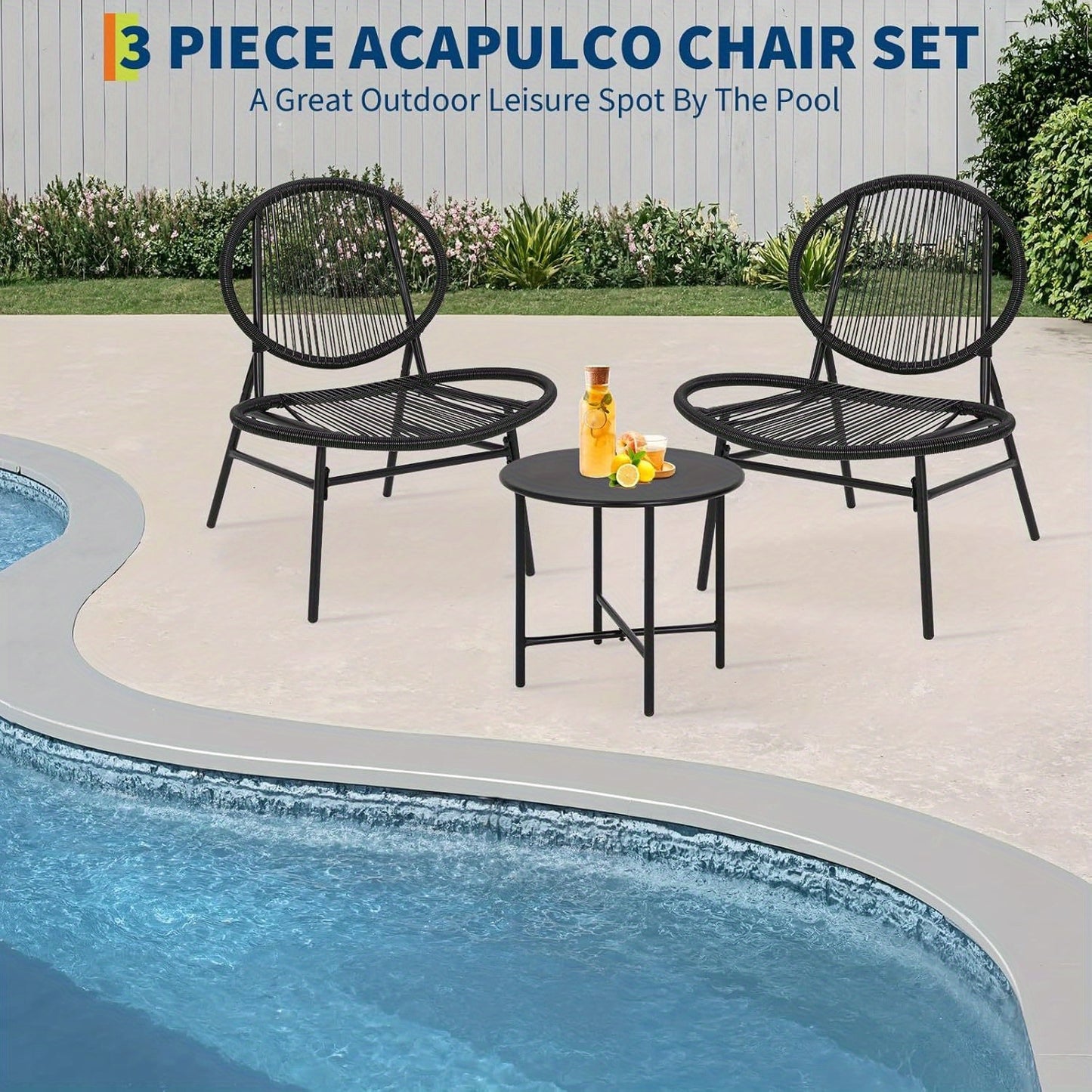 3pcs Outdoor Chair Patio Bistro Set, Acapulco Chairs Set Of 2 with Metal Coffee Table, All Weather Patio Chair Conversation Bistro Set with Steel Frame for Balcony,