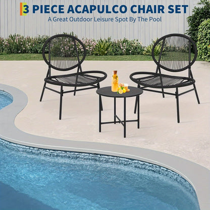 3pcs Outdoor Chair Patio Bistro Set, Acapulco Chairs Set Of 2 with Metal Coffee Table, All Weather Patio Chair Conversation Bistro Set with Steel Frame for Balcony,