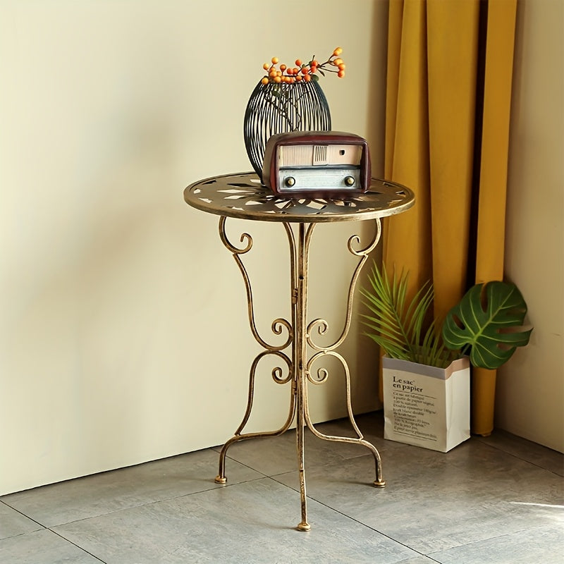 Vintage Metal Table Elegant 1pc Vintage Style Metal End Table | 40cm Diameter, Portable Round Side Table with Ornate Scrollwork Design - Ideal for Living Room,