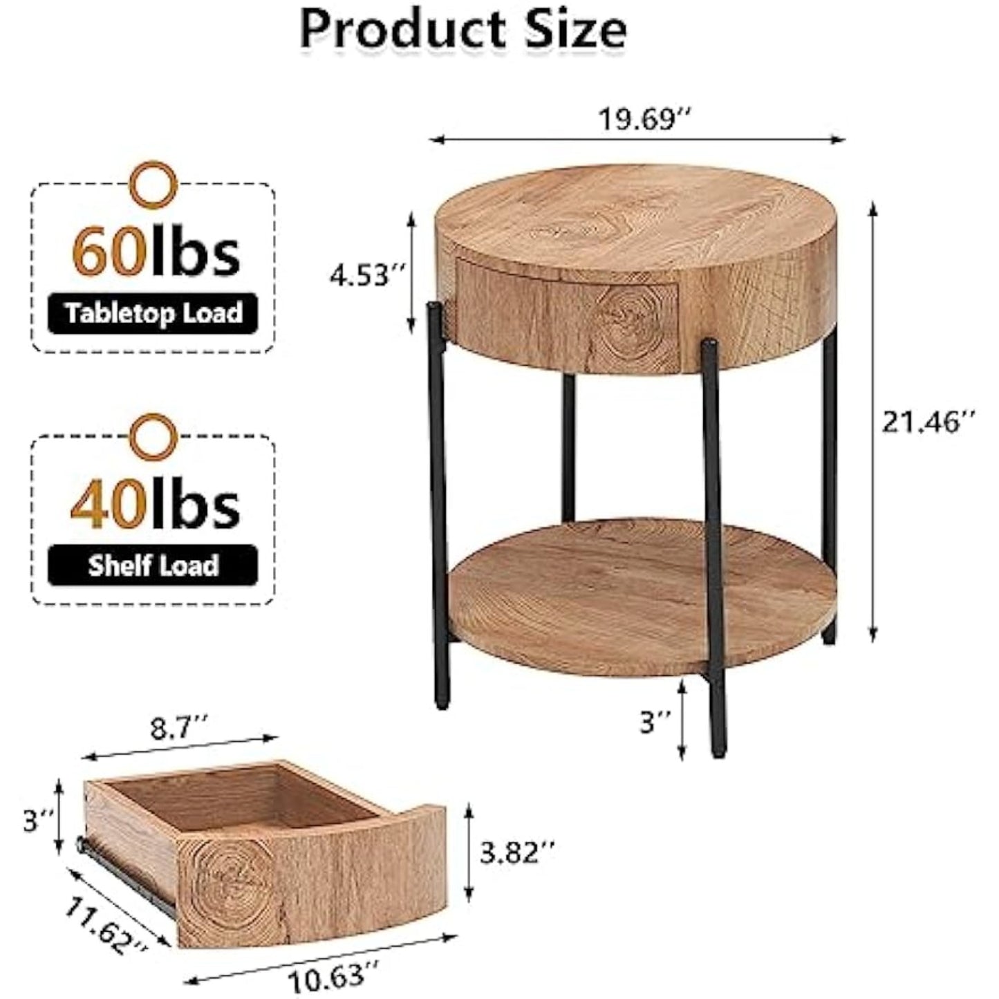 GarveeHome Round End Table with Drawer - Modern Farmhouse Accent Nightstand, Solid Hardwood & Metal Black Legs,