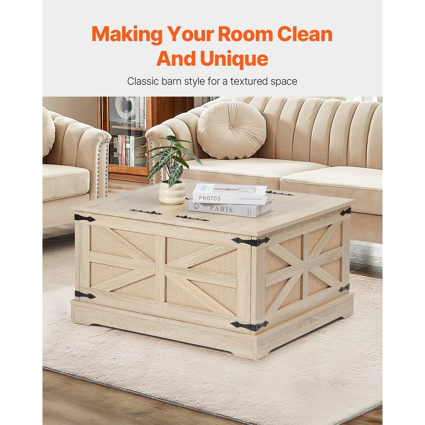 VEVOR Rattan Coffee Table, Rectangle 2-Tier PE Rattan Farmhouse End Table, 32-Inch Modern Boho Style Storage Mid Century Coffee Table with Retro Metal Hinges,
