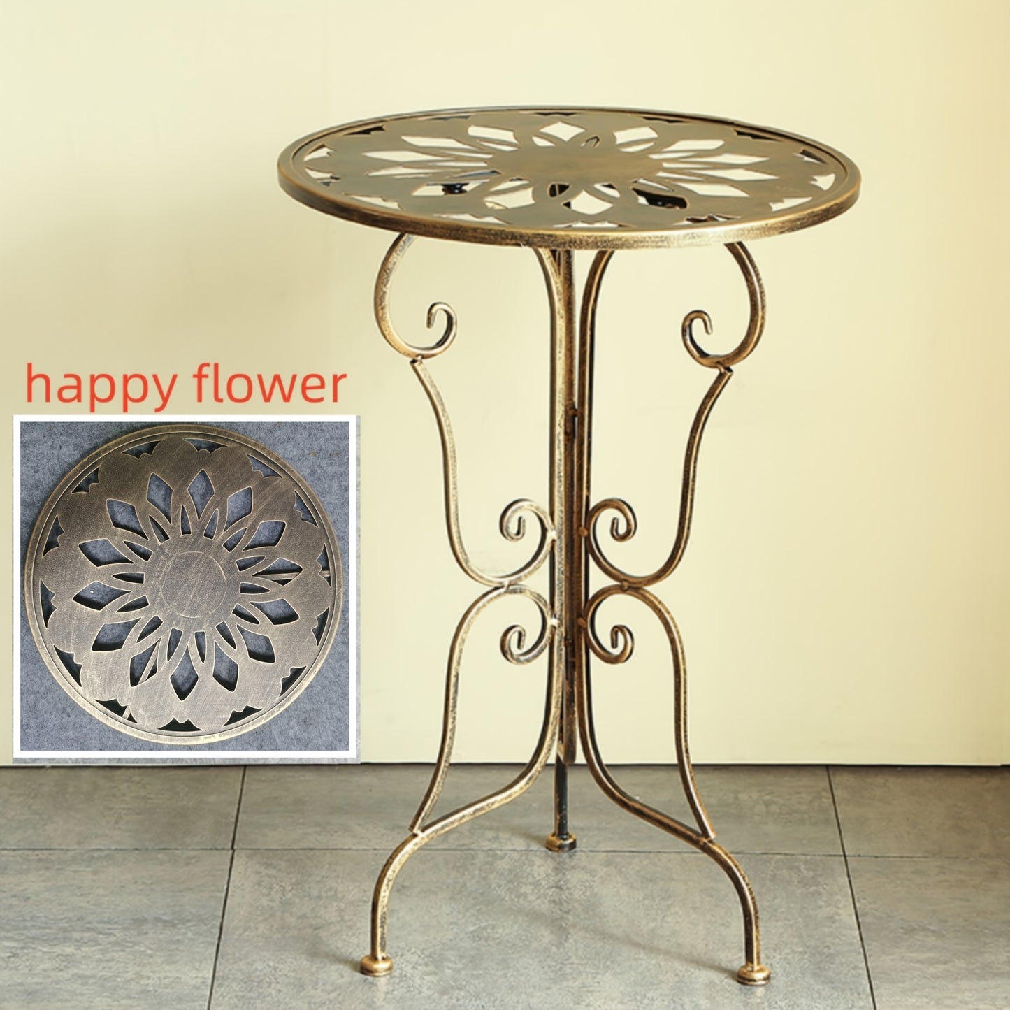Vintage Metal Table Elegant 1pc Vintage Style Metal End Table | 40cm Diameter, Portable Round Side Table with Ornate Scrollwork Design - Ideal for Living Room,