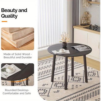 35 Inch Solid Wood Foldable Drop Leaf Dining Table - Space-Saving Round Kitchen Table for Small Spaces, Expandable Design for Home, Apartment, Office (Brown)