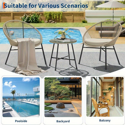 3pcs Outdoor Acapulco Chair Patio Bistro Set, All-Weather Acapulco Chairs With Glass Top Table, Modern Patio Conversation Chairs Set Of 2 For Balcony, Pool, Garden, Backyard