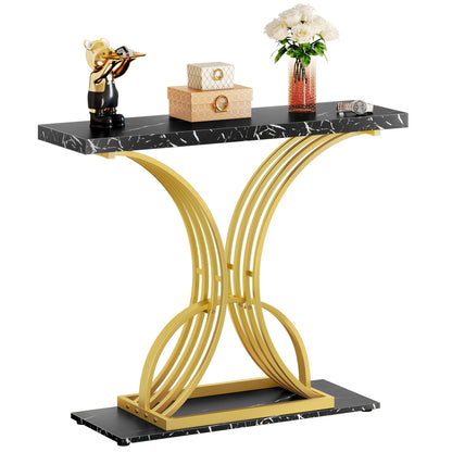 Roadrix Luxurious Golden Console Table, 40-Inch Modern Entryway Narrow Sofa Table, Faux Marble White\u002FBlack Top, Stylish Hallway Accent Table For Living Room,