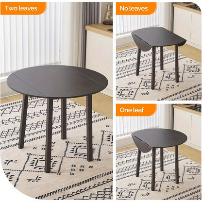 35 Inch Solid Wood Foldable Drop Leaf Dining Table - Space-Saving Round Kitchen Table for Small Spaces, Expandable Design for Home, Apartment, Office (Brown)