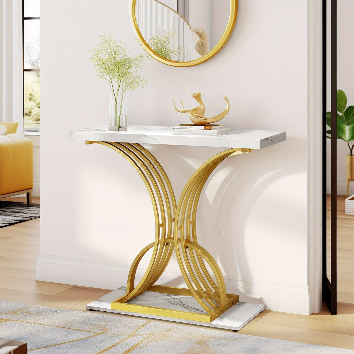 Roadrix Luxurious Golden Console Table, 40-Inch Modern Entryway Narrow Sofa Table, Faux Marble White\u002FBlack Top, Stylish Hallway Accent Table For Living Room,