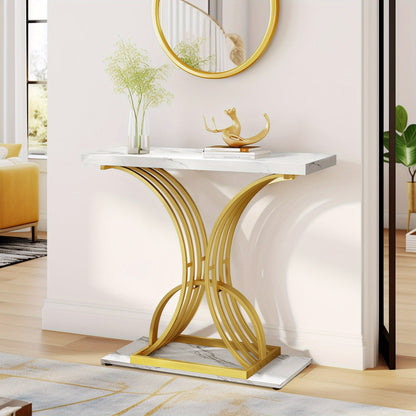 Roadrix Luxurious Golden Console Table, 40-Inch Modern Entryway Narrow Sofa Table, Faux Marble White\u002FBlack Top, Stylish Hallway Accent Table For Living Room,